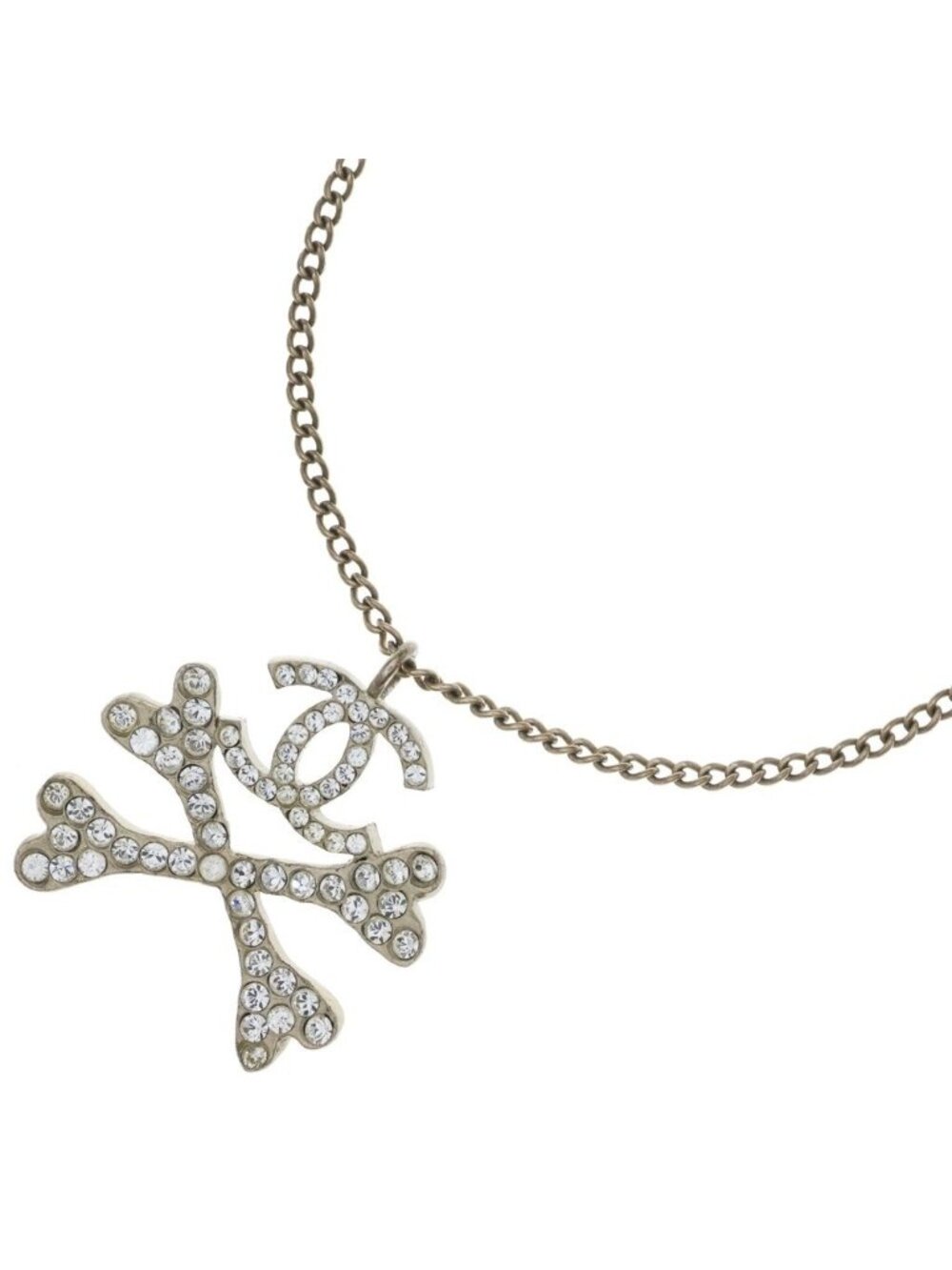 Chanel CC Logo Rhinestone Crossbone Pendant Chain Gold Necklace